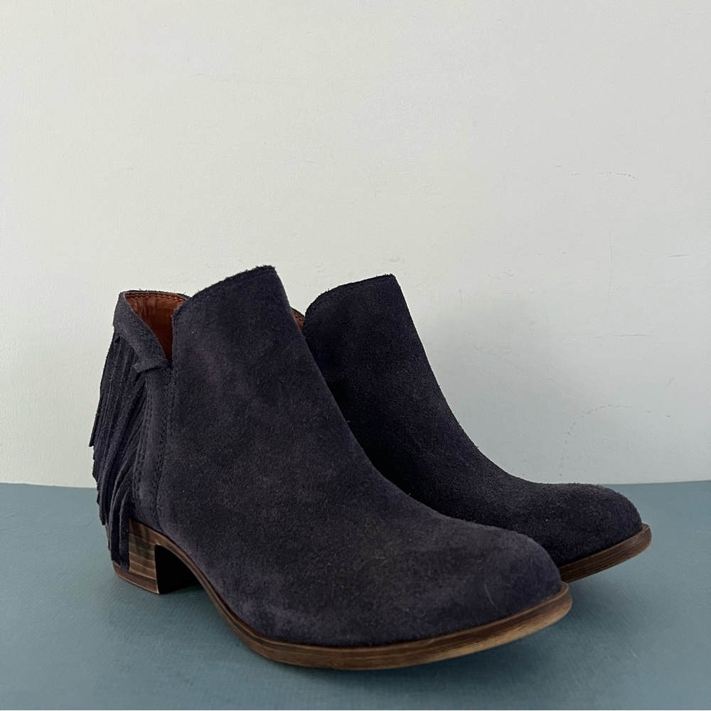 Lucky Brand Benji Blue Suede Fringe Western Ankle Booties